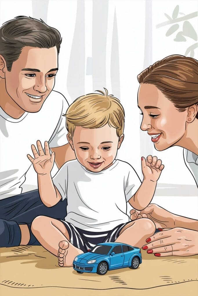 "Parents using intentional parenting tools while playing with their toddler, fostering emotional growth and demonstrating positive parenting strategies."
