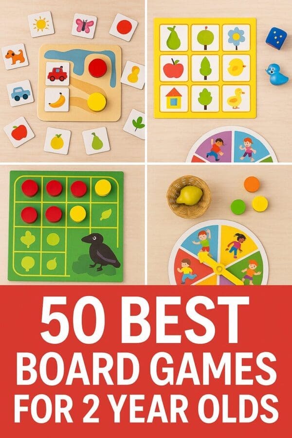 "Colorful collage of the best board games for 2 year olds, featuring bright game pieces, toddler-friendly visuals, and bold red text that reads '50 Best Board Games for 2 Year Olds.'"