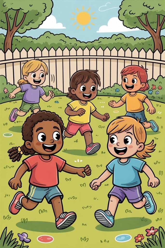 "Kids playing freeze tag in the backyard on a sunny summer day — backyard games for kids."