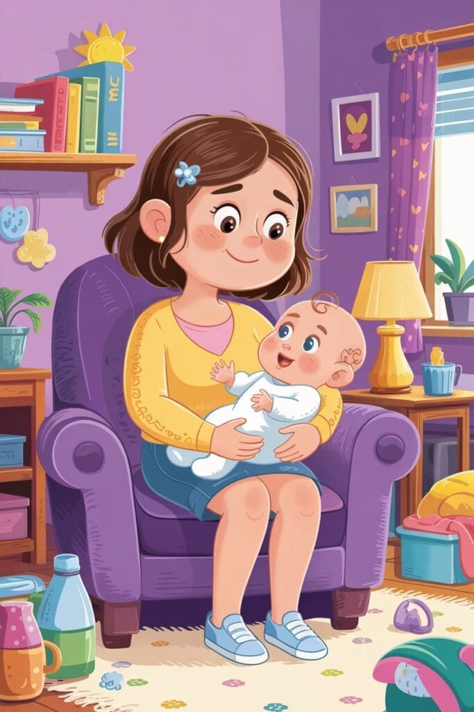 "Mom enjoying the first weeks with her newborn in a cozy living room – tips for bonding and managing exhaustion."