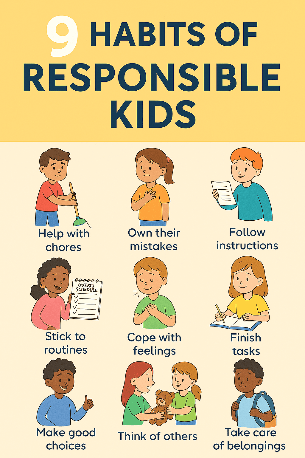 Illustrated Pinterest pin titled "9 Habits of Responsible Kids" showing cartoon children completing tasks like helping with chores, owning mistakes, following instructions, sticking to routines, coping with feelings, finishing tasks, making good choices, thinking of others, and taking care of belongings.