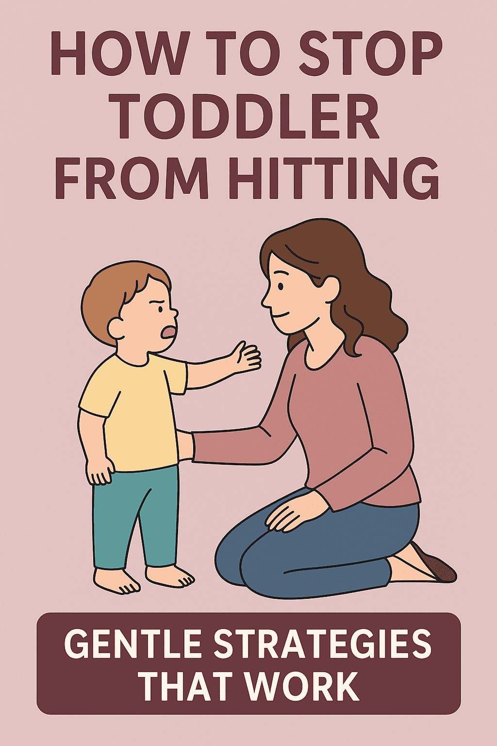 Cartoon-style Pinterest image with the title “How to Stop Toddler From Hitting.” It shows a toddler mid-outburst and a calm mother kneeling beside him. A maroon banner reads “Gentle Strategies That Work.”