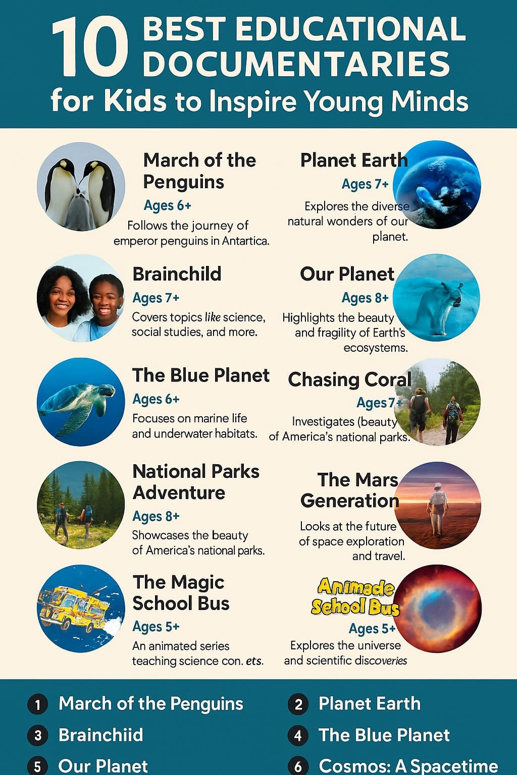 "Infographic highlighting 10 best educational documentaries for kids, featuring age recommendations and topics like nature, science, and space exploration."