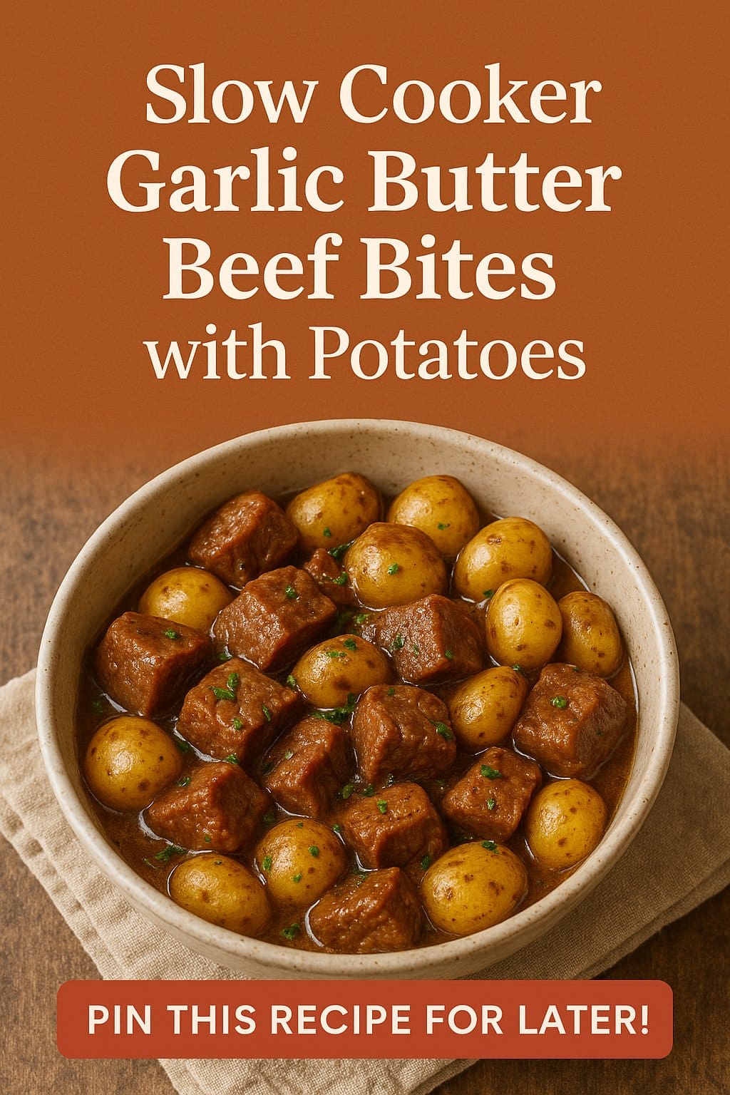 A Pinterest pin featuring a bowl of Slow Cooker Garlic Butter Beef Bites with Potatoes. The image shows tender beef chunks and golden baby potatoes in a rich garlic butter sauce, with bold white text on a warm terracotta background that reads “Slow Cooker Garlic Butter Beef Bites with Potatoes.” A call-to-action button says “Pin This Recipe for Later!”