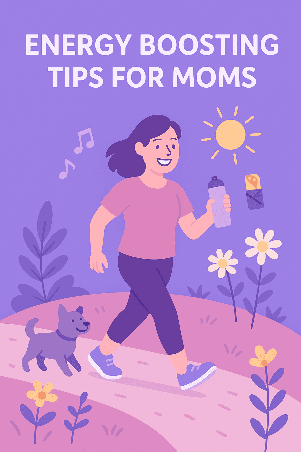 how to get more energy as a mom Cute flat-style digital illustration in purple tones showing a smiling mom walking outdoors with a water bottle and snack, accompanied by a playful dog, surrounded by flowers, sunshine, and music notes under the title 'Energy Boosting Tips for Moms'.
