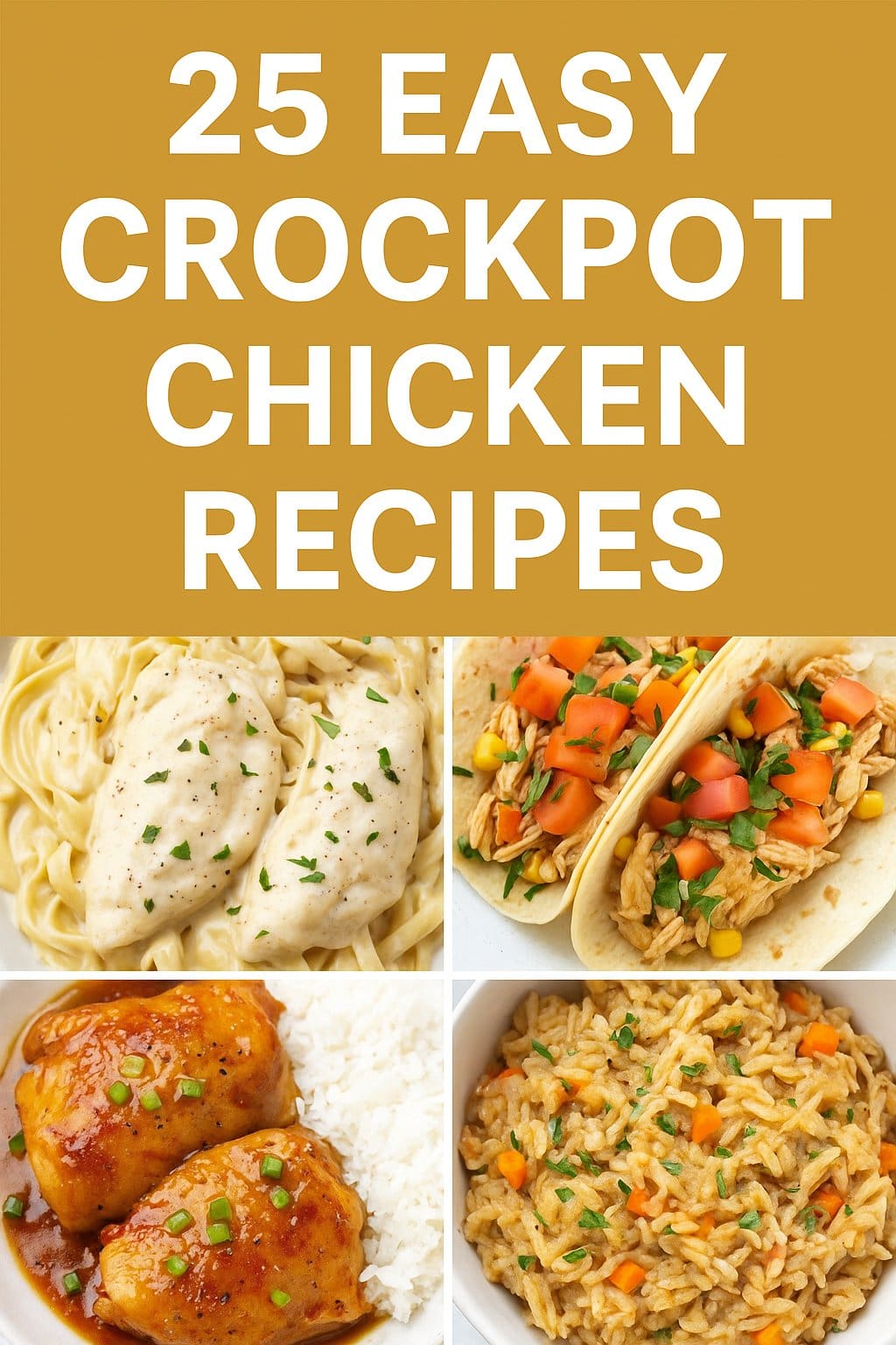 A Pinterest-style collage promoting 25 easy crockpot chicken recipes. The graphic features bold white text on a warm mustard-yellow background, reading “25 Easy Crockpot Chicken Recipes.” Below the text are four mouthwatering images: creamy Alfredo chicken over pasta, shredded chicken tacos with tomato and corn, glazed honey garlic chicken thighs with rice, and a hearty bowl of chicken and vegetable rice. The layout is bright, inviting, and designed to appeal to busy home cooks.