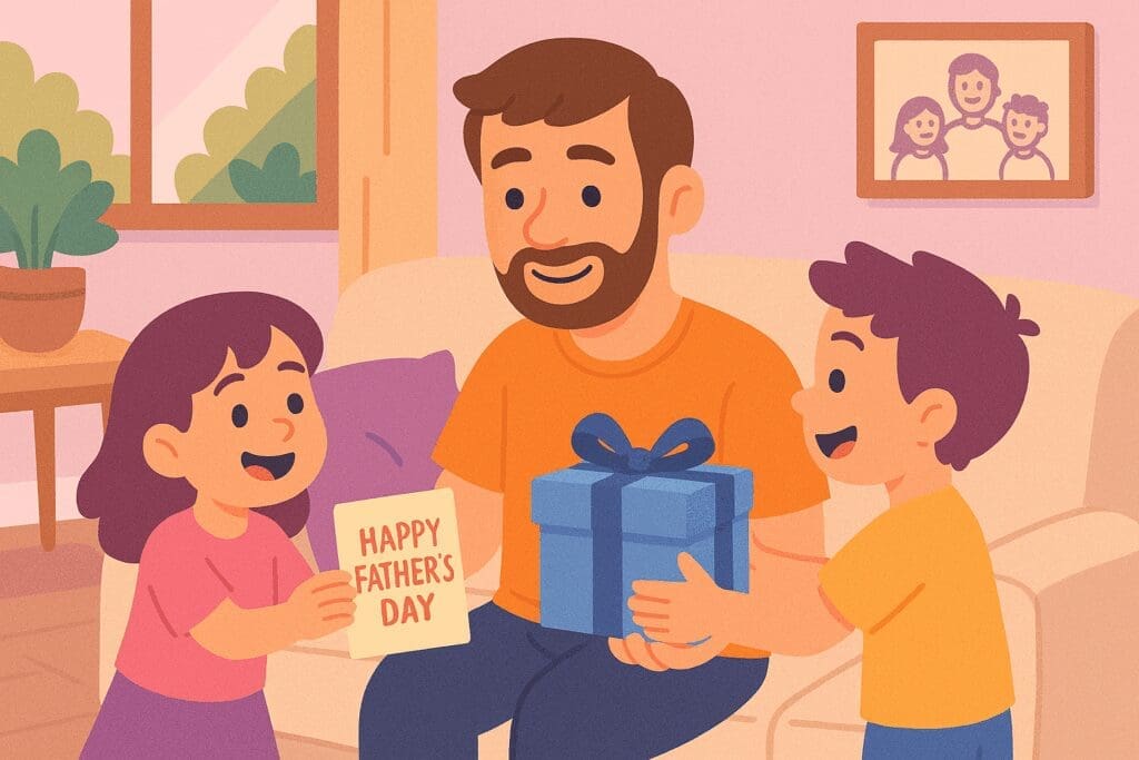 "Children giving their father a Father's Day card and gift, celebrating Father's Day with family in a cozy living room, colorful cartoon illustration."