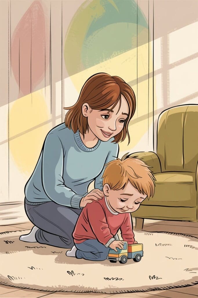 "Mother teaching communication skills through play to show how to stop kids from whining and encourage emotional expression"
