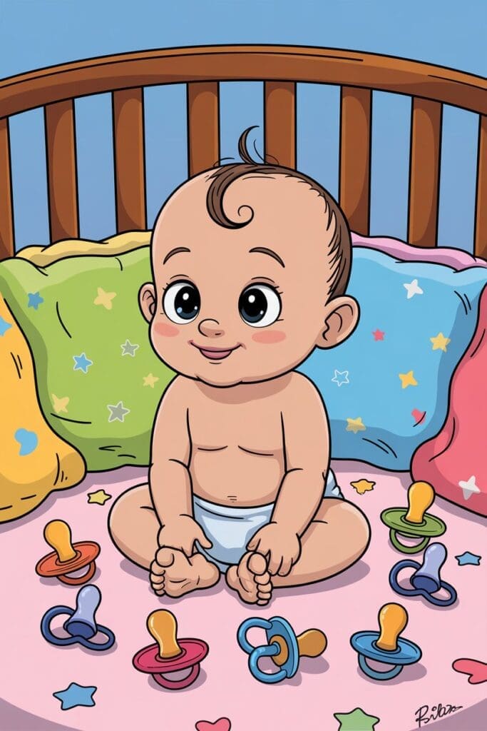 "Cartoon showing multiple pacifiers in crib to help when a baby wakes up when pacifier falls out using soothing sleep tips."