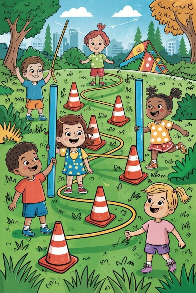 "Backyard obstacle course setup with pool noodles and cones — outdoor games for kids."