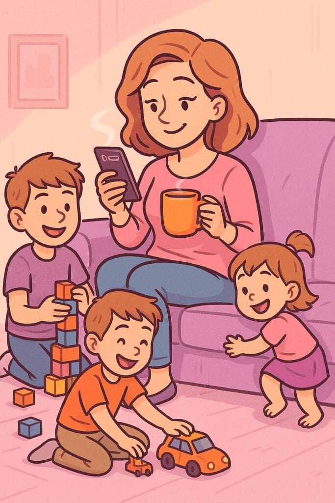 Cartoon illustration of a mom reading the best parenting blogs for moms on her smartphone while sipping coffee, surrounded by young children playing with toys.