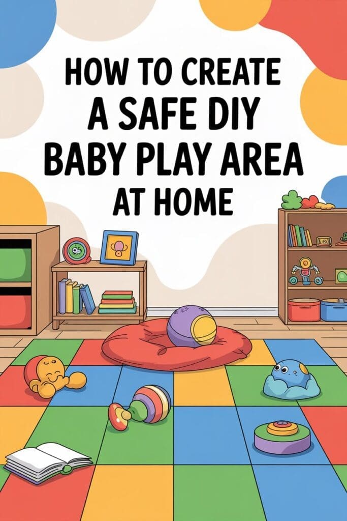 "Pinterest graphic explaining safe baby play ideas and tips for setting up a DIY baby play area at home."