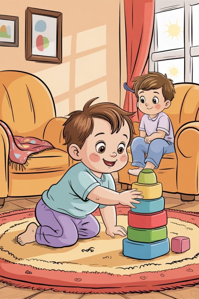"Help older siblings adjust to baby crawling with bonding moments in a shared family space"