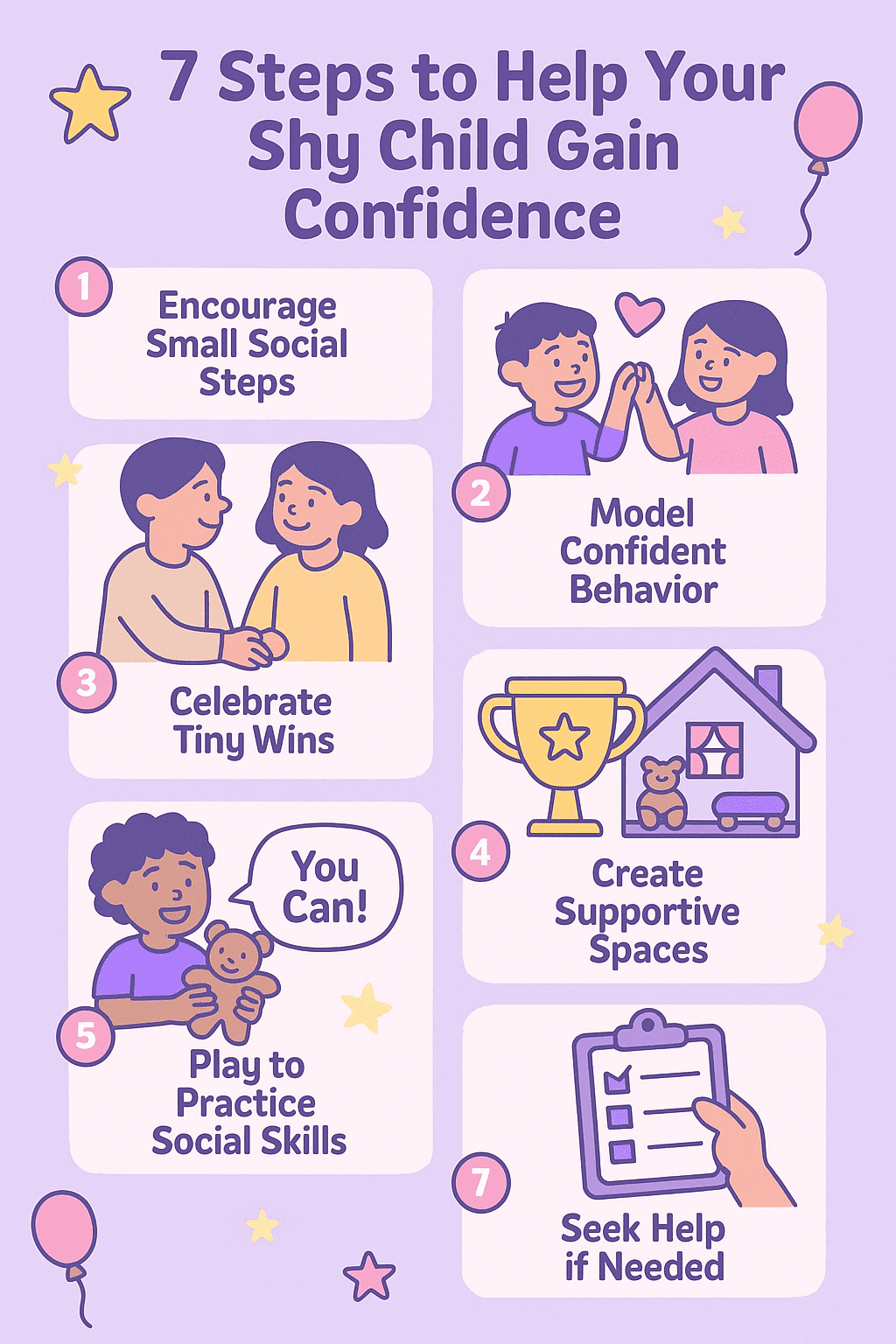 "Infographic showing 7 steps to help a shy child gain confidence, featuring playful cartoon icons like kids high-fiving, parents modeling confidence, celebrating small wins, creating supportive spaces, practicing social skills through play, using empowering language, and seeking professional help."
