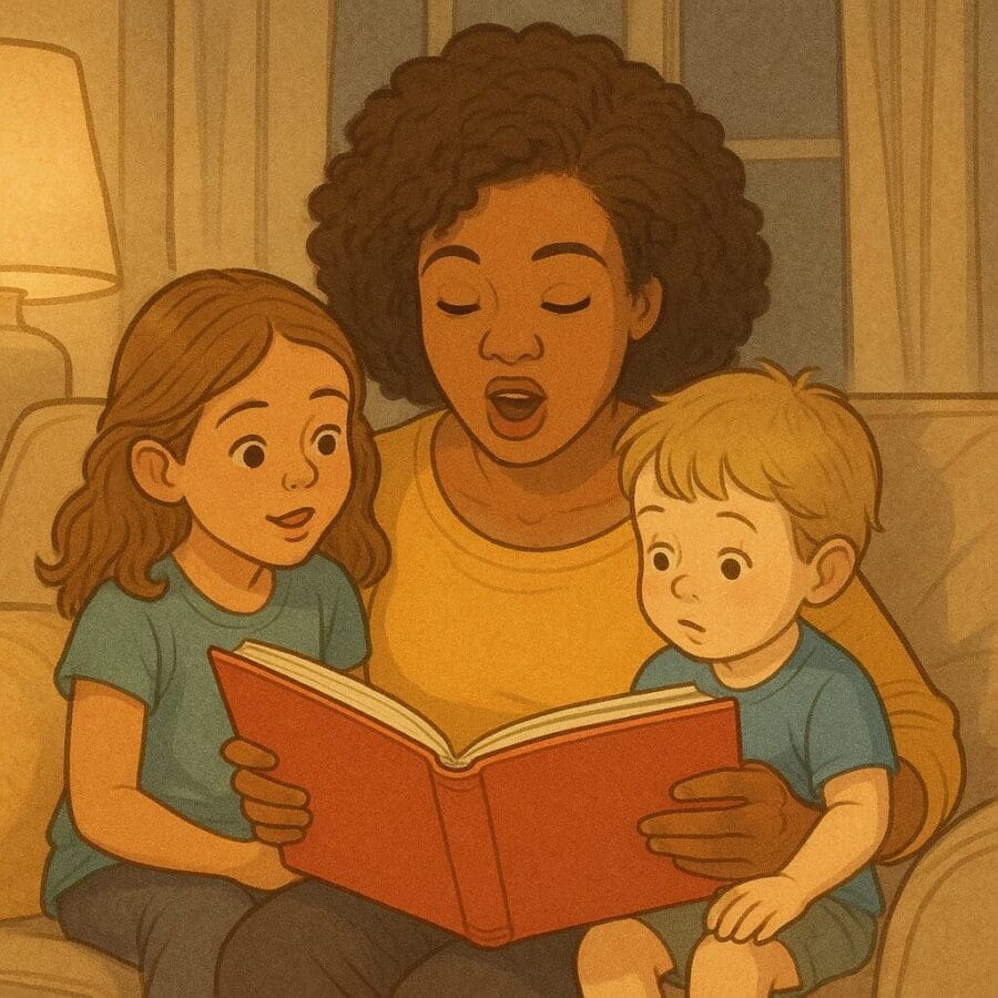 Mother reading aloud to kids: The benefits of reading aloud to children include enhancing language skills and emotional development.
