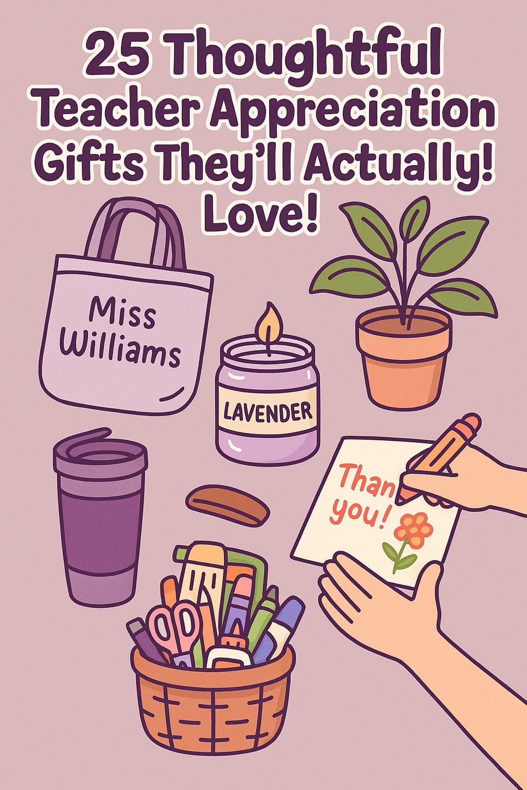 Collage-style illustration of six thoughtful teacher appreciation gifts, including a personalized tote bag, lavender candle, potted plant, thank-you card, supply basket, and purple tumbler, showcasing creative and practical teacher appreciation gifts.