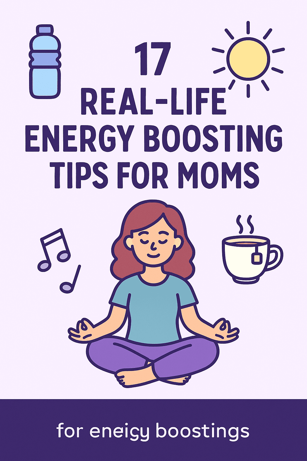 A playful cartoon-style infographic with pastel colors showing '17 Real-Life Energy Boosting Tips for Moms,' featuring illustrations of a water bottle, sunshine, music notes, a tea cup, and a meditating mom for natural energy inspiration.