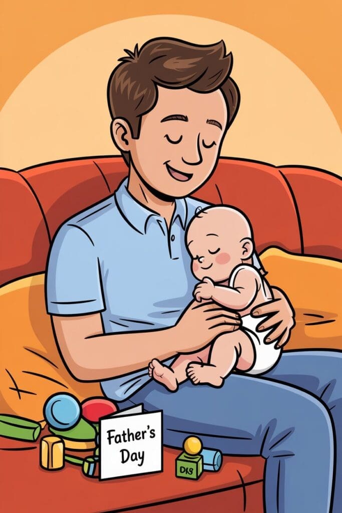 "New dad cuddling newborn baby on Father's Day, heartfelt cartoon illustration"