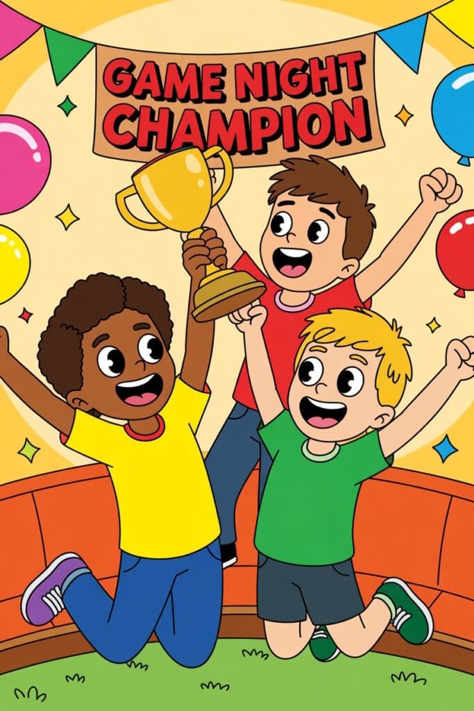 "Kids celebrating winning family board game night with a DIY trophy and lots of smiles."
