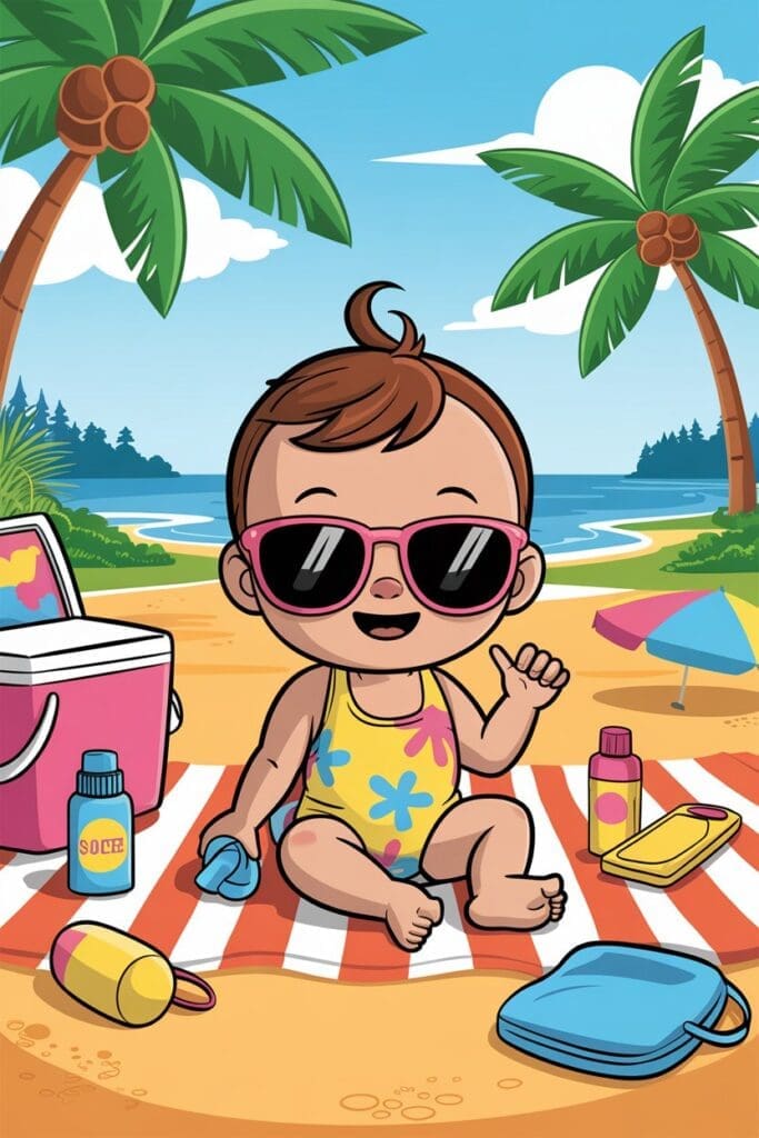 "Cartoon showing a baby equipped with beach essentials while following baby beach tips for a sunny day out."