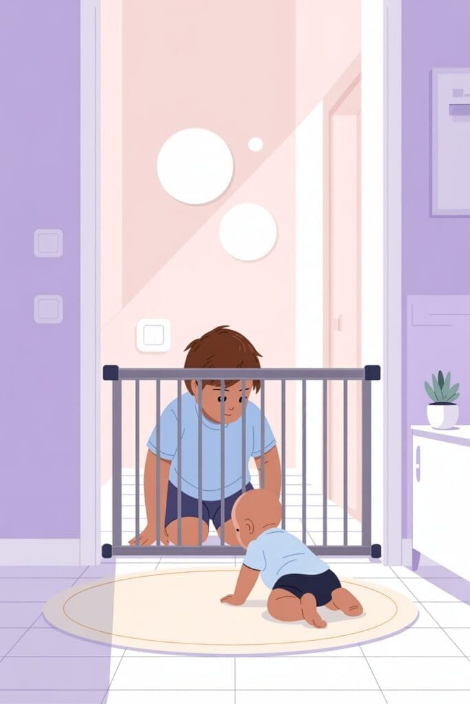 "Sibling using gentle strategies to help older siblings adjust to baby crawling safely"