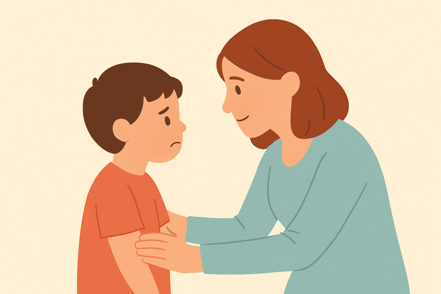 Cartoon-style image of a mother kneeling and gently holding her child’s arms while he looks upset, depicting a gentle parenting discipline strategy focused on connection.